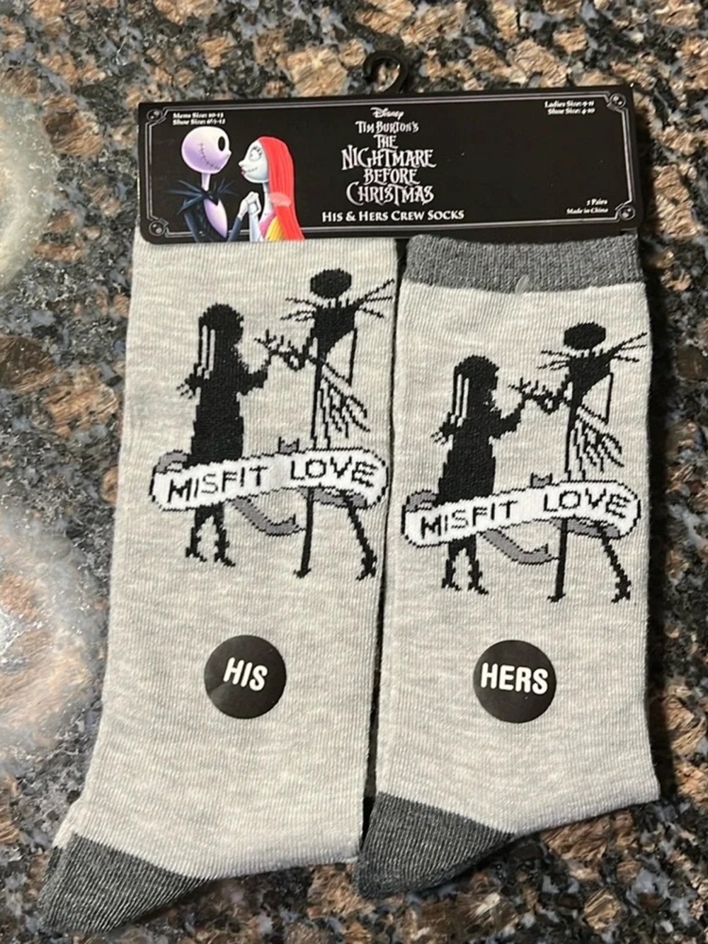 Disney The Nightmare Before Christmas Misfit Love Crew Socks - Gray & Black